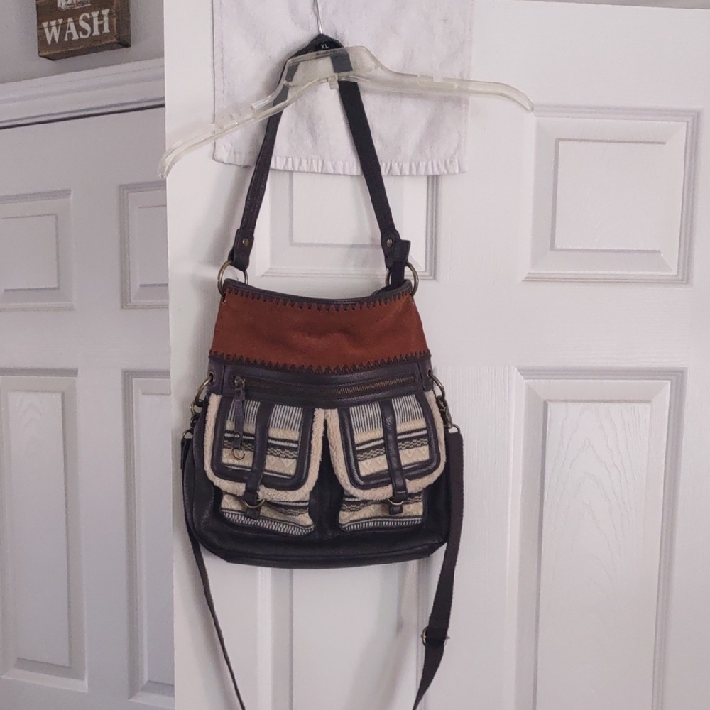 "The Sak"  vintage Boho style suede, brown leather and fabric ladies crossbody